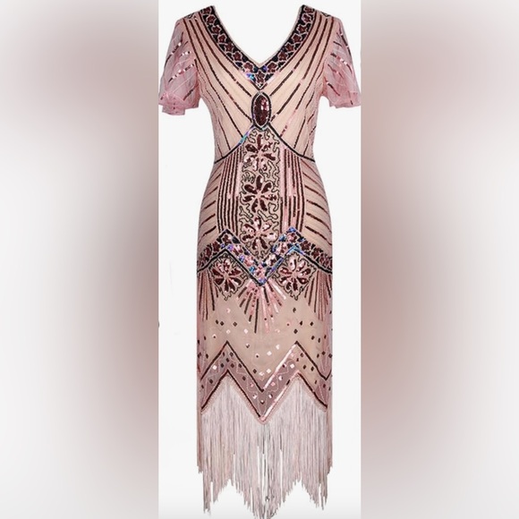 Women's 1920s Gatsby Inspired Sequin Beads Long Fringe Flapper Dress - Picture 1 of 4